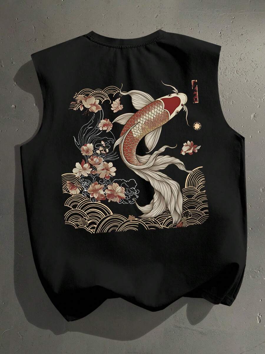 StoneGrade 日本传统浮世绘锦鲤图案印花黑色休闲背心，男士常规款 - 黑色 - 查看 1