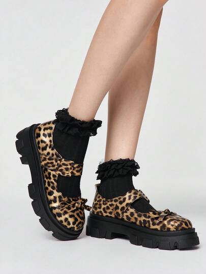 ROMWE Grunge Punk Ladies Wedge Heels And Platform Shoes Diablo Rock Punk Goth Shoes One-Buckle Mary Jane Small Leather Shoes Closed Bow Sweet Japanese JK Uniform Shoes