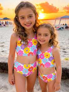 Summer Beach Vacation Cute Smiling Face Random Print Young Girl Camisole Bikini 2 Pieces Set - Baby Pink - View 1