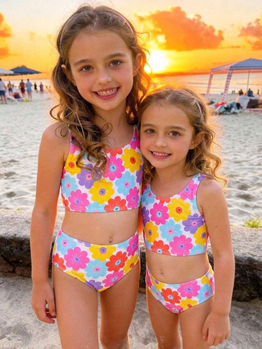 Summer Beach Vacation Cute Smiling Face Random Print Young Girl Camisole Bikini 2 Pieces Set - Baby Pink - View 1