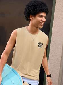 Open Phase 休闲街头风格 | 男士夏季无袖背心 | 卡通啤酒罐印花和“来喝啤酒”字样 - 杏色 - 查看 8