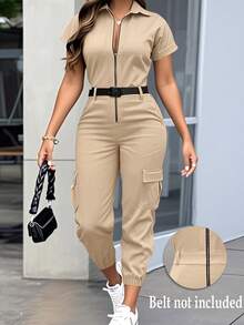 Chiquease 女士休闲衬衫领短袖装饰口袋工装裤，带抽绳裤脚和拉链，纯色连体裤，春夏款 - 卡其色 - 查看 1