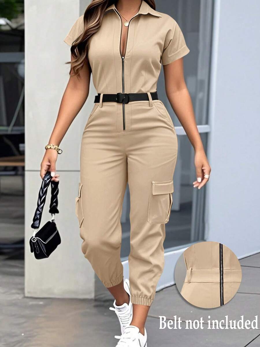 Chiquease 女士休闲衬衫领短袖装饰口袋工装裤，带抽绳裤脚和拉链，纯色连体裤，春夏款 - 卡其色 - 查看 1