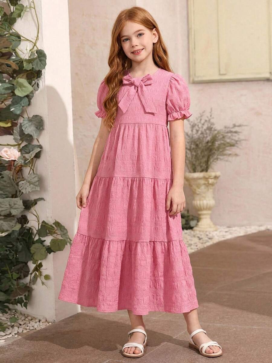 SHEIN 少女纯色圆领泡泡袖休闲连衣裙 - 紅色 - 查看 1