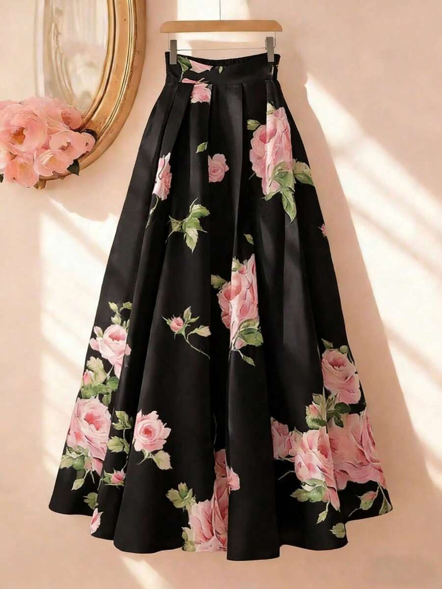 GlowEve 女士优雅通勤印花褶裥长裙 - 黑色 - 查看 1