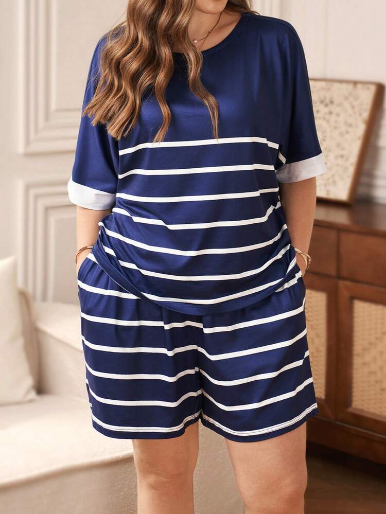 Plus Size Women's Striped Round Neck Short Sleeve T-Shirt And Tie Waist Shorts Casual 2-Piece Set Summer Outfits  Beach Vacation Outfits For Women BOHO Clothes Women Plus Size Short Sets Nautical Short Sets Women Striped Short Sets Women Plus Size Short Sets For Women Summer Outfits For Women  Beach Outfit For Women  Casual  Vacation Outfits Women Country Concert Outfit Peplum
