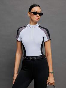 Activina Women's Color Block Stand Collar Zip-Up Fitted Casual Equestrian Top Equestrian Clothing Horseback Riding Outfit - Black and White - View 4
