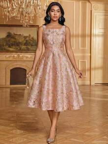 SHEIN Lady 女士花卉提花方领无袖中长连衣裙 - 彩色 - 查看 4