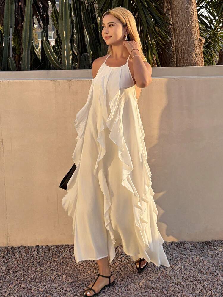 Women's Elegant Solid Color Halter Neck Sleeveless Ruffle Hem Mid-Length Dress, Summer