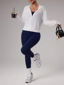 Gameset SHEIN Sport 女士拉链长袖连帽纯色运动夹克 - 白色 - 查看 6