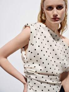 Aveloria Modichic Elegant Black White Polka Dot Summer Crop Top,One-Shoulder Asymmetric Sleeveless Ruched Design,Retro Chic Stretchy Fitted Silhouette For Date,Party - Apricot - View 4