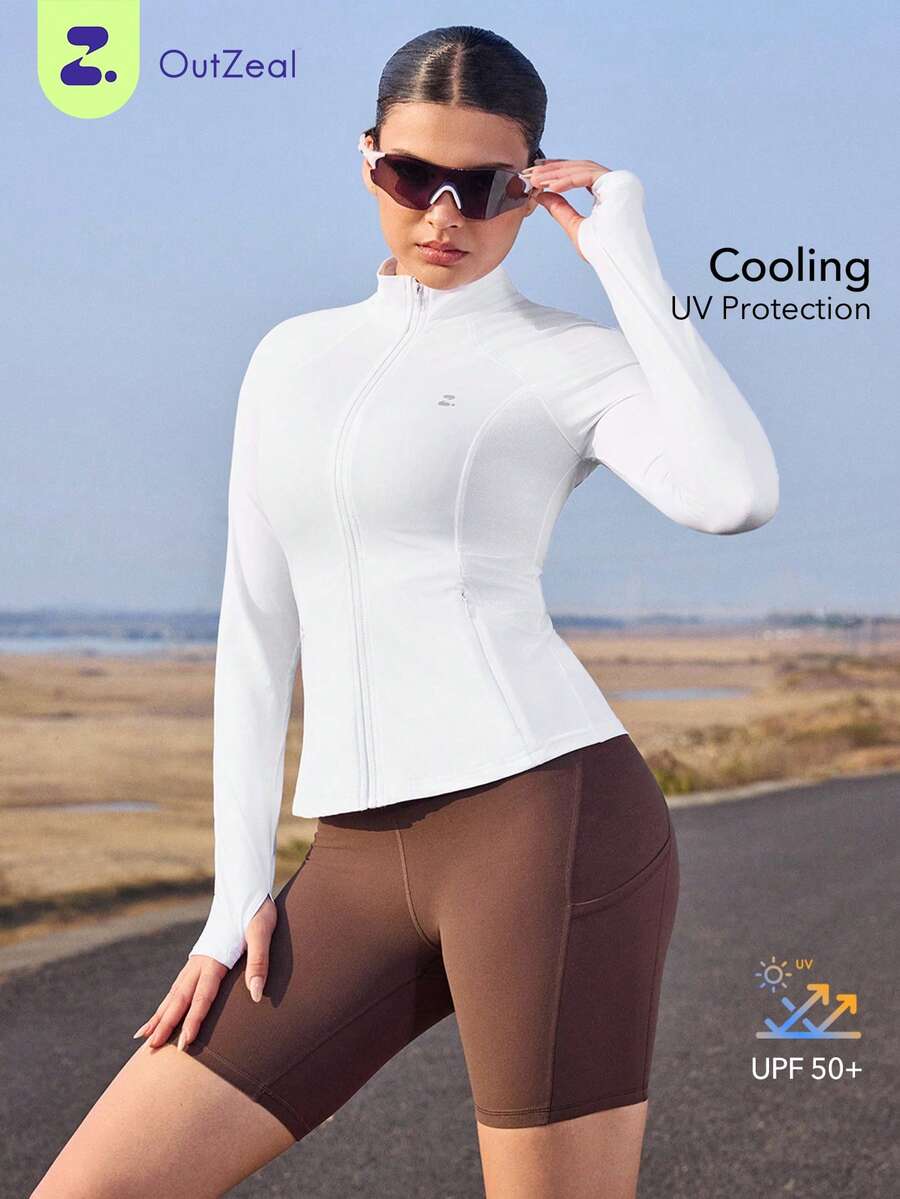 OutZeal 女士防晒夹克 白色 日常休闲 防紫外线 修身网眼拼接 拉链户外上衣 - 白色 - 查看 1