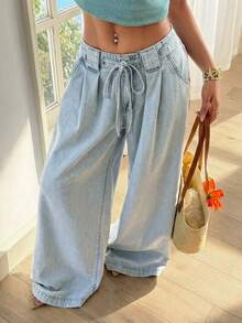 Breezaya 女士系带腰褶裥阔腿宽松休闲牛仔裤 - 藍色 - 查看 7