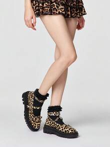 ROMWE Grunge Punk 女士时尚甜美蝴蝶结装饰系带平底鞋 情人节 - 豹紋皮面綁帶 - 查看 2