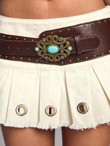 ROMWE Hippie Women's Western Style Frayed Hem Pleated Denim Mini Skirt - Khaki - View 7