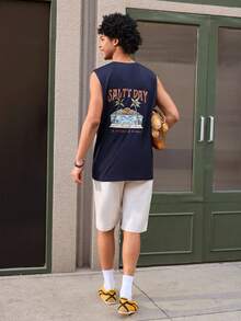 Open Phase Coastal | Men's Lightweight Summer Vacation Palm Tree Letter Print Crew Neck Casual Tank Top - Navy Blue - View 9