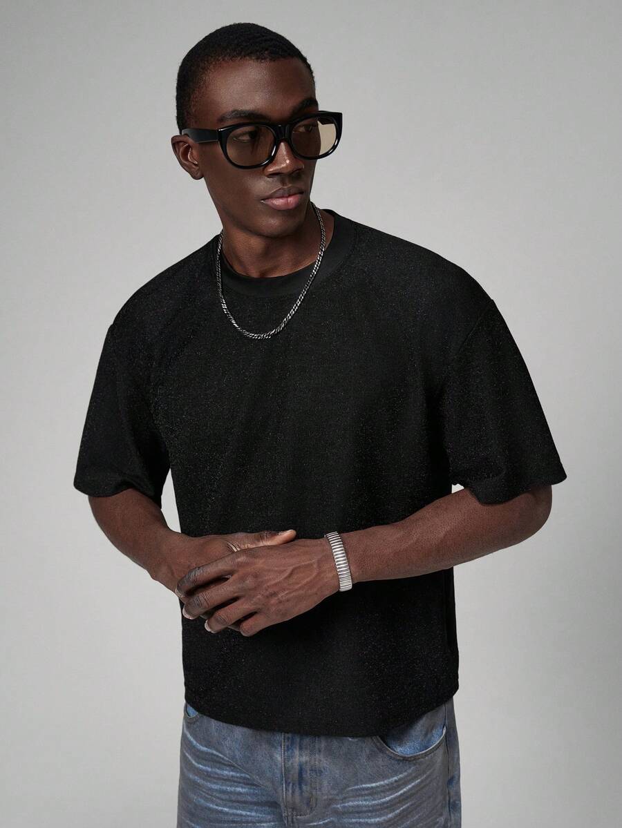 STYNVO 男士圆领短袖T恤，亮面弹力面料，宽松版型 - 黑色 - 查看 1