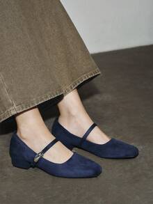 女式 3 厘米布面高跟时尚百搭白色玛丽珍粗跟平底鞋，适合所有季节 - 藏蓝色 - 查看 4