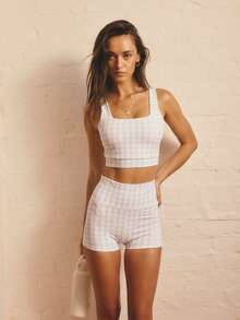 Aralina Leisurewear Active Women's 2pcs Gingham Plad Printed Tank And Short Gym Workout Two Pieces Set - Blue - View 5
