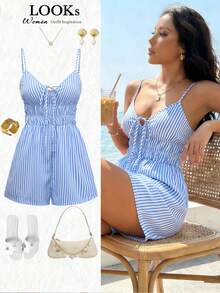 GlowEve Women's Blue & White Striped Waist Strap Jumpsuit, Flattering Silhouette, Elegant French Style For Vacation, Casual, Beach, Commute, Sexy, Romantic, Business, Date, Holiday Wear, Sleeveless Blue & White Romper - Multicolor - View 1