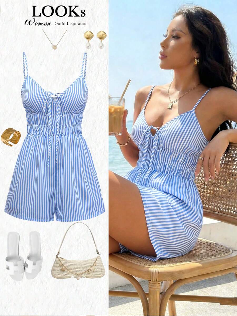 GlowEve Women's Blue & White Striped Waist Strap Jumpsuit, Flattering Silhouette, Elegant French Style For Vacation, Casual, Beach, Commute, Sexy, Romantic, Business, Date, Holiday Wear, Sleeveless Blue & White Romper - Multicolor - View 1