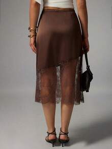 Avenya Brown Satin Low-Waist Lace Patchwork Skirt - Brown - View 4