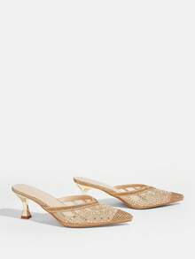 CUCCOO TILAWA Zapatos de mujer Zapatos de tacón de aguja dorados con rhinestones y malla de moda para fiesta y cena, elegantes y sexys, zapatos de tacón de gatito, zapatos de tacón alto, zapatos mule sin talón - Dorado - Ver 4