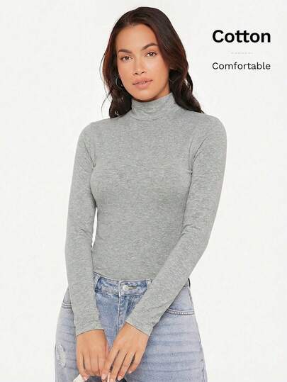 SHEIN BASICS High Neck Rib-Knit Form Fitted Tee Mock Neck Tops Ribbed Tops For Women Turtlenecks For Women High Neck Tops For Women Turtle Neck