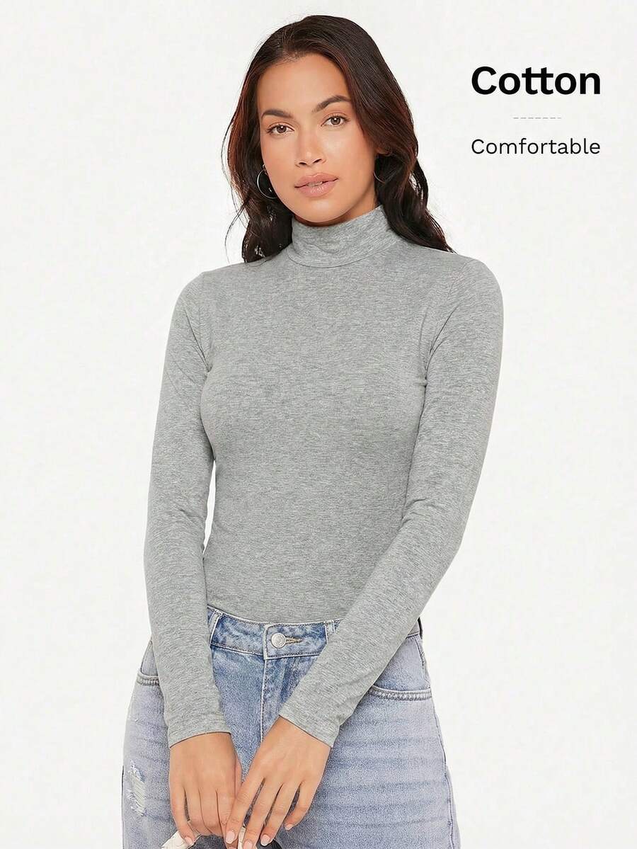 SHEIN BASICS Áo thun ôm dáng cổ cao, dệt kim gân.