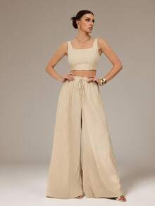 SHEIN Tall 新款春夏度假休闲鱼骨吊带上衣和带口袋的阔腿裤两件套纹理面料套装 - 卡其色 - 查看 5