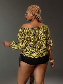 Maweii Women's Yellow Summer Kawaii Night Out Club Leopard Zebra Print Asymmetric-Shoulder Short Sleeve Tie Front Loose Plus Size Blouse - Yellow - View 3