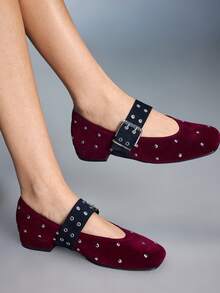 CUCCOO GRLICON 2000's Style Studded Square Toe Mary Jane Shoes, Suitable For Spring, Summer And Vacation - Burgundy - View 2