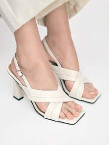 Mnmlis Beige Criss-Cross Strap Square Toe Chunky Heel Sandals, Minimalist Luxury Commuting High-End Feeling - Apricot - View 10