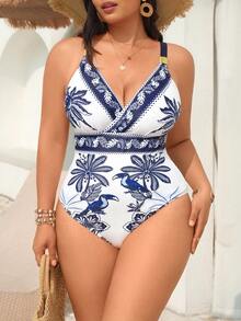 Swim Vcay Plus Size Multi-Color Floral & Bird Print V-Neck Ruched Swimsuit, Fashionable Elegant Loose Beach Holiday Style For Women - Blue and White - View 4