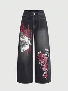 ROMWE Grunge Punk Street Casual Printed Washed Women Jeans - Black - View 1