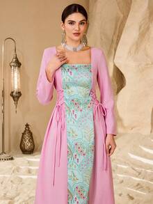 Al Najma 女士印花腰带长袖优雅阿拉伯风格连衣裙 - 粉色 - 查看 4