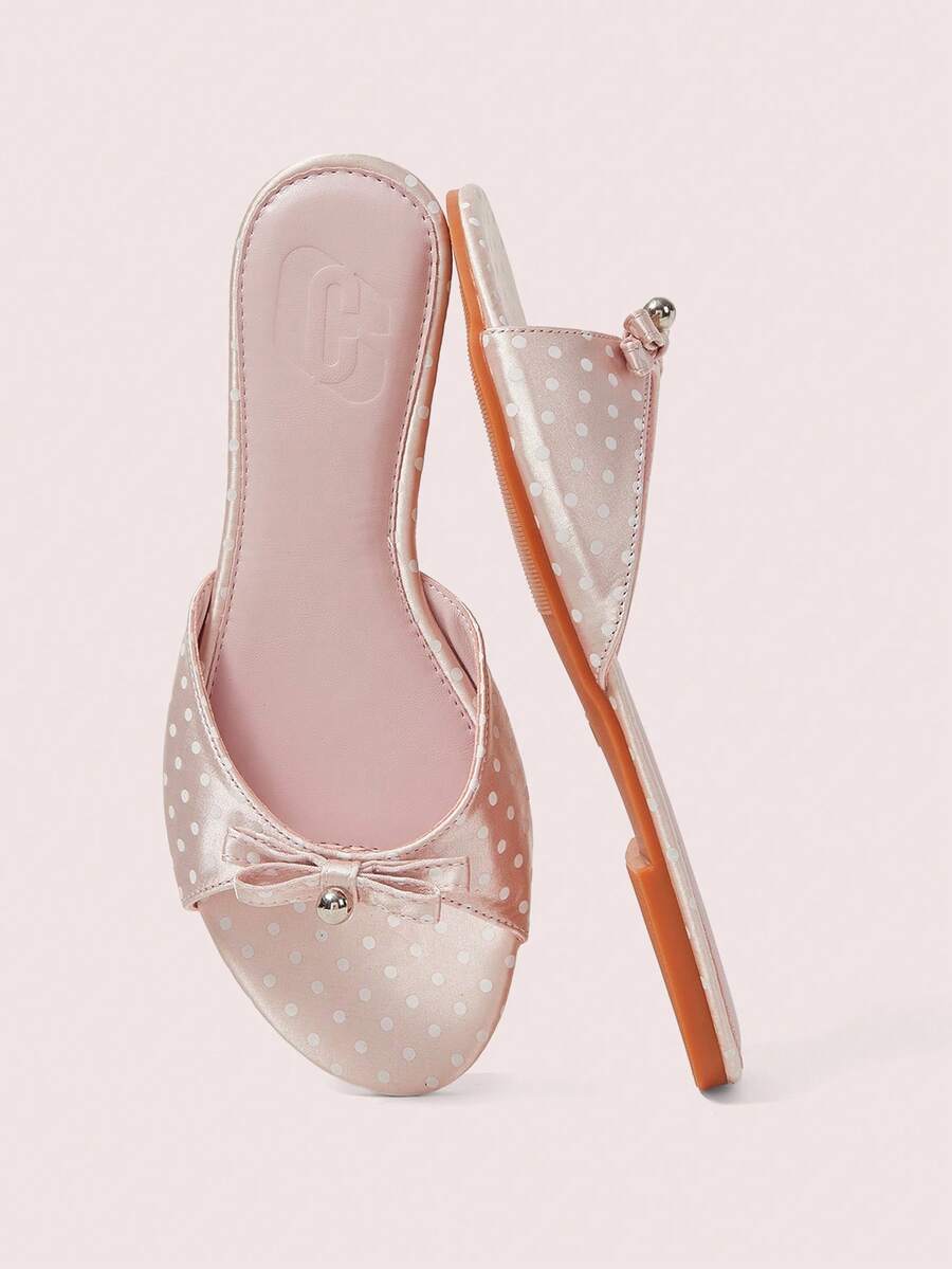 CUCCOO DOLLMOD Ladies Pink Polka Dot Comfortable Flat Sandals, Sweet Style Bow Flat Sandals - Pink - View 1