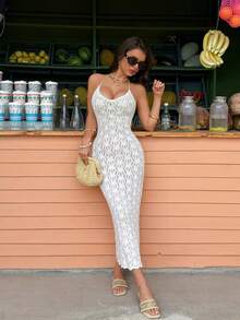 Selianne 女士休闲度假镂空纹理露背系带针织吊带连衣裙，春夏款 - 白色 - 查看 7