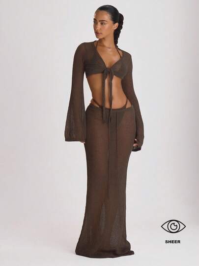 Musera Resort Knit Tie Front Maxi Skirt Cover Up Swim Vacation Holiday Summer Travel Beachwear Basics Solid Colour Resort Core Casual Elegant