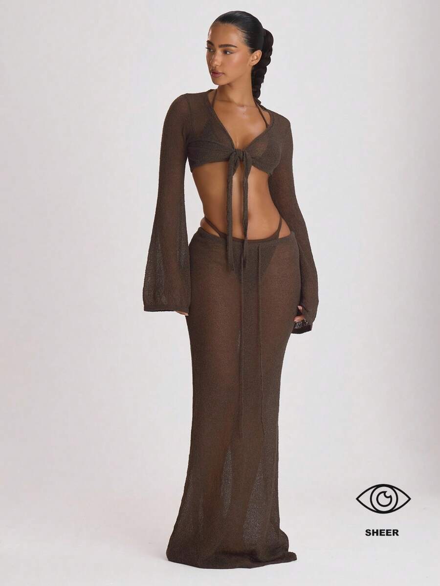 Musera Resort Knit Tie Front Maxi Skirt Cover Up Swim Vacation Holiday Summer Travel Beachwear Basics Solid Colour Resort Core Casual Elegant - Coffee Brown - View 1