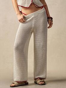 Bohemela Women's Casual Hollow-Out Knit Sweater & Pants Set - Red and White - View 2