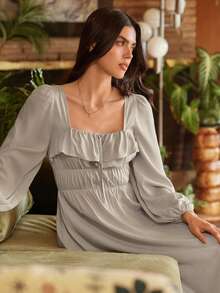 Lullawish 波西米亚风荷叶边灯笼袖蝴蝶结设计长款女士睡裙 - 灰色 - 查看 6