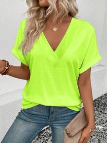EMERY ROSE Women's Fluorescent Green V-Neck Short Sleeve Casual Versatile T-Shirt - Green - View 3
