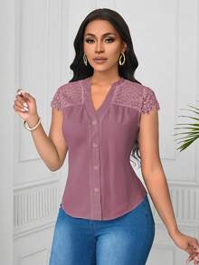 Lunelith SHEIN Lunessa Blus Wanita Lengan Pendek Bergaris Gelombang dengan Motif Renda Elegan - Dusty Pink - View 5