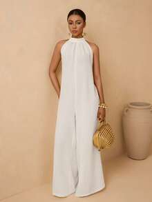 Vesra Vacation Beach Solid Color Backless Halter Wide Leg Jumpsuit - White - View 5
