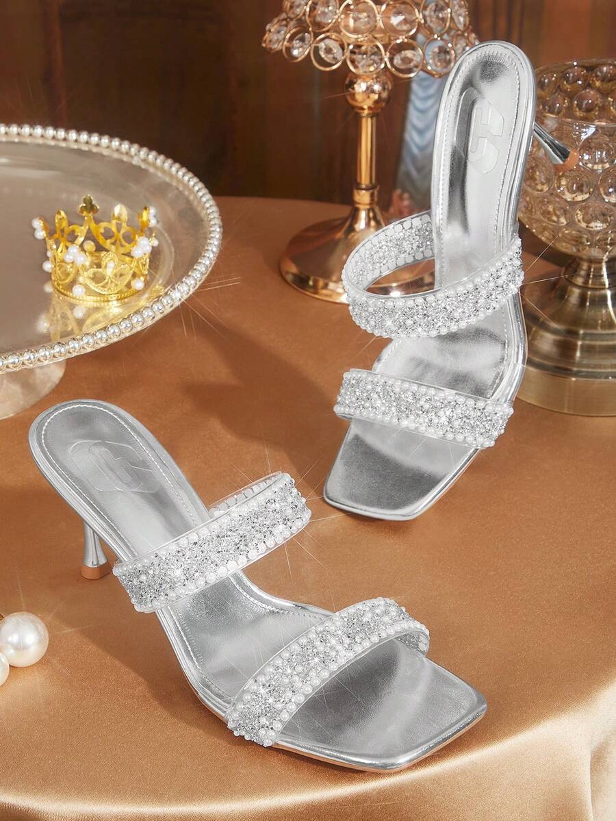 CUCCOO TILAWA Women Shoes Square Toe Slender Heel Silver Transparent Film Pearl Rhinestone Sexy Fashion Elegant Gorgeous Women's High Heel Sandals Slippers With Skirts Daily Versatile Banquet Party Women's Sandals - Silver - View 1
