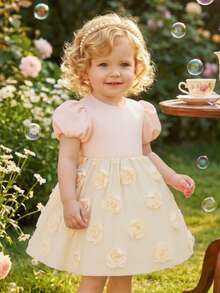 SHEIN Girls' Satin Dress,Lantern Sleeves,Floral Decor,Elastic Waist,Flower Girl,Wedding,Performance,Party Ball,All Seasons,Pink,Summer,7th Birthday,Holiday - Apricot - View 3