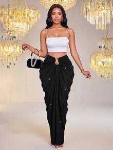 SHEIN Lady Women's Fashionable Party Ruched Metallic Skirt - Black - View 6