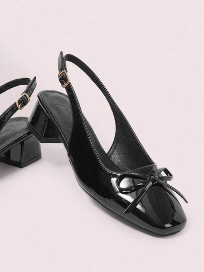 CUCCOO DOLLMOD Women's New Bowknot Open Heel Black Patent Leather Square Toe Elegant Chunky High Heel Pumps