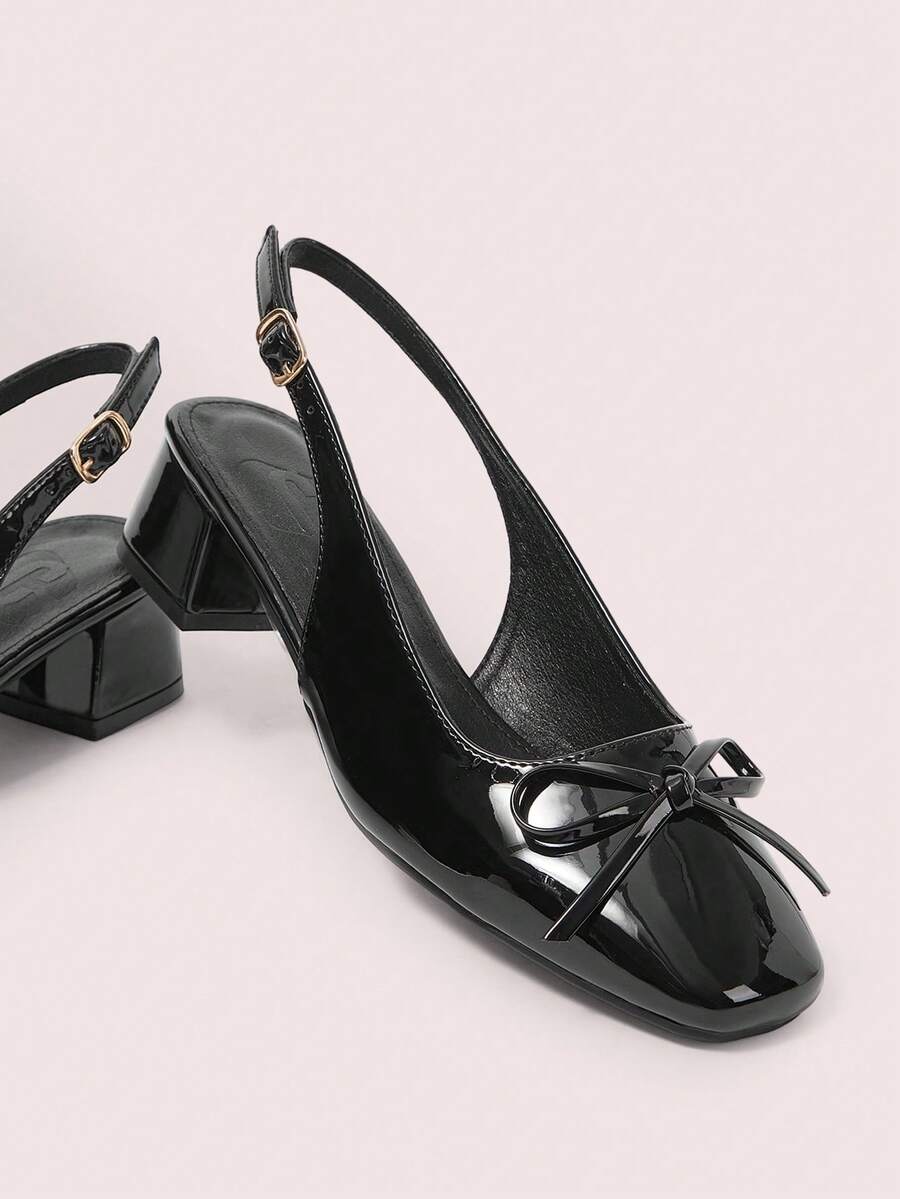 CUCCOO DOLLMOD Women's New Bowknot Open Heel Black Patent Leather Square Toe Elegant Chunky High Heel Pumps - Black - View 1